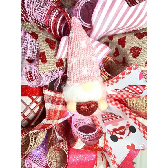 Handmade Valentine’s Home Sweet Gnome Ribbon Prelit Wreath 22 ins LED W19 - Picture 7 of 12